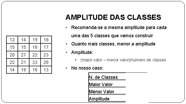 AMPLITUDE DAS CLASSES • Recomenda-se a mesma amplitude para cada 12 14 19 18