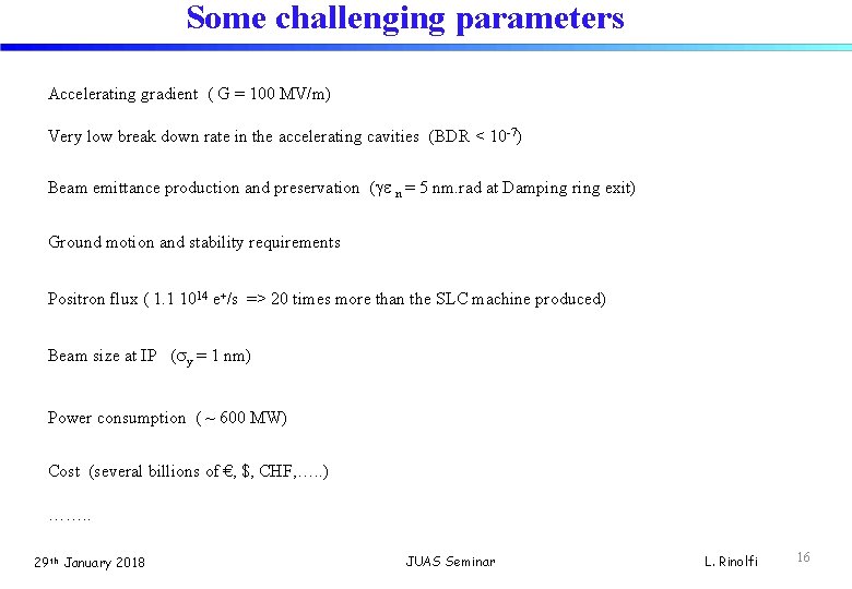 Some challenging parameters Accelerating gradient ( G = 100 MV/m) Very low break down