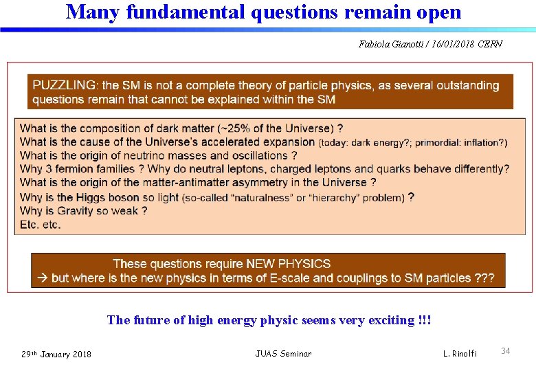 Many fundamental questions remain open Fabiola Gianotti / 16/01/2018 CERN The future of high