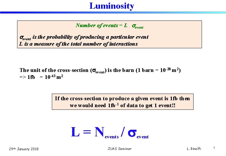 Luminosity Number of events = L. sevent is the probability of producing a particular