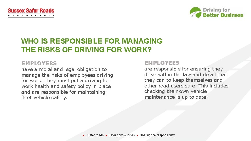 WHO IS RESPONSIBLE FOR MANAGING THE RISKS OF DRIVING FOR WORK? EMPLOYEES EMPLOYERS have