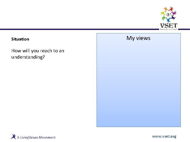 Situation My views How will you reach to an understanding? www. vset. org 