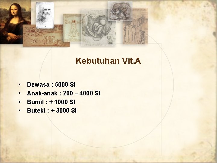 Kebutuhan Vit. A • • Dewasa : 5000 SI Anak-anak : 200 – 4000