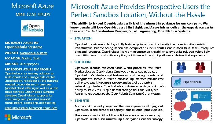 MINI-CASE STUDY Microsoft Azure Provides Prospective Users the Perfect Sandbox Location, Without the Hassle