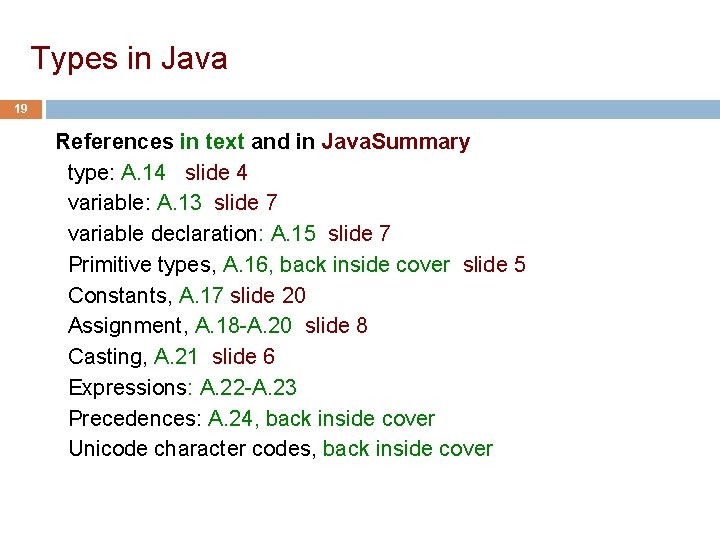 Types in Java 19 References in text and in Java. Summary type: A. 14
