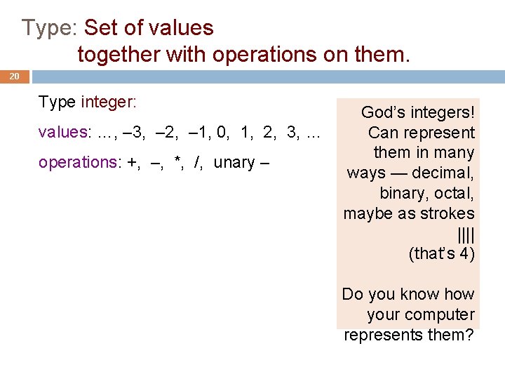Type: Set of values together with operations on them. 20 Type integer: values: …,