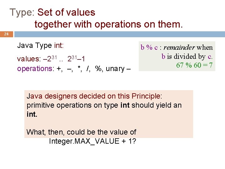 Type: Set of values together with operations on them. 24 Java Type int: values: