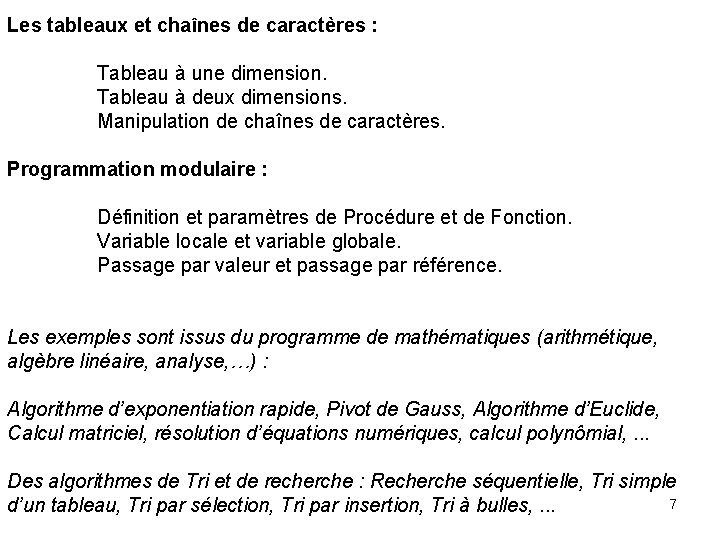 Les tableaux et chaînes de caractères : Tableau à une dimension. Tableau à deux