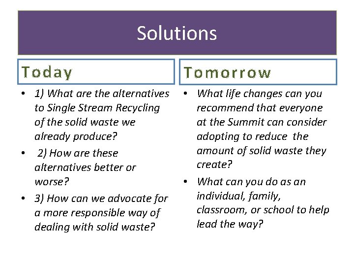 Solutions Today Tomorrow • 1) What are the alternatives to Single Stream Recycling of