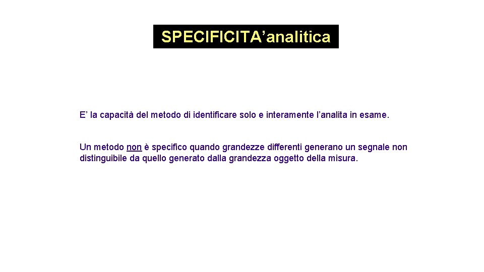 SPECIFICITA’analitica E’ la capacità del metodo di identificare solo e interamente l’analita in esame.