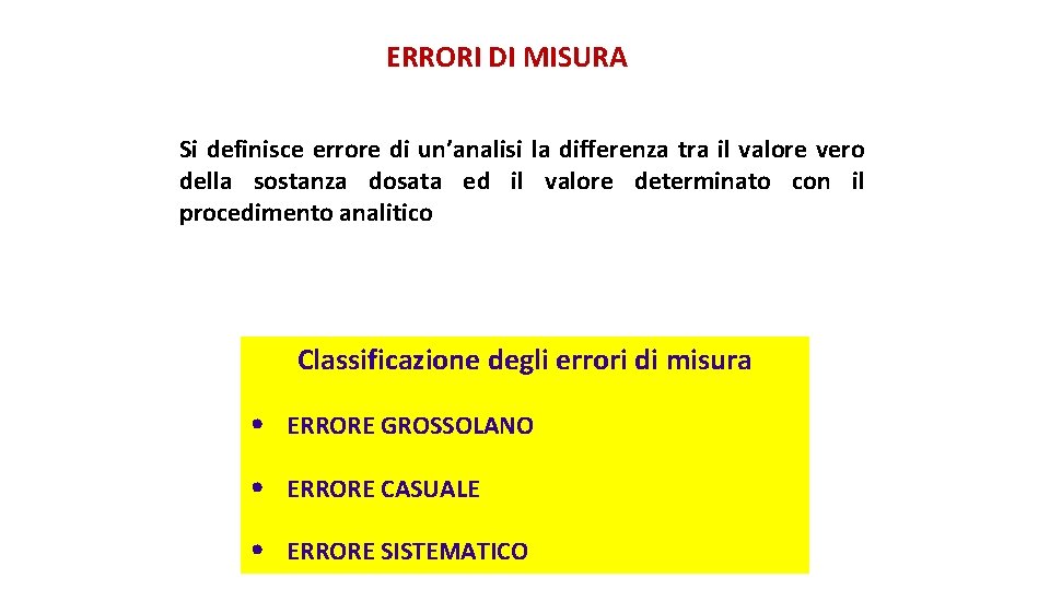 ERRORI DI MISURA Si definisce errore di un’analisi la differenza tra il valore vero