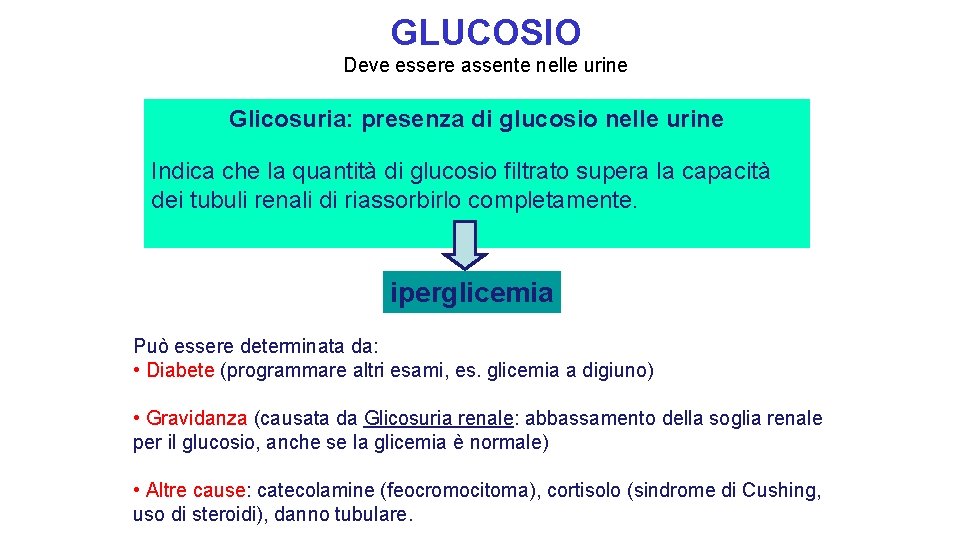 GLUCOSIO Deve essere assente nelle urine Glicosuria: presenza di glucosio nelle urine Indica che