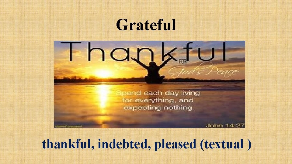 Grateful thankful, indebted, pleased (textual ) 