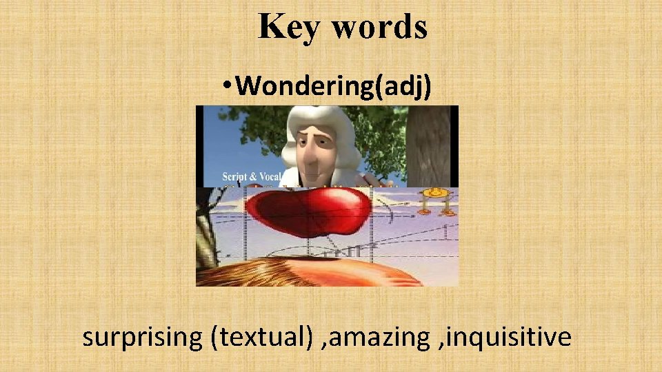 Key words • Wondering(adj) surprising (textual) , amazing , inquisitive 