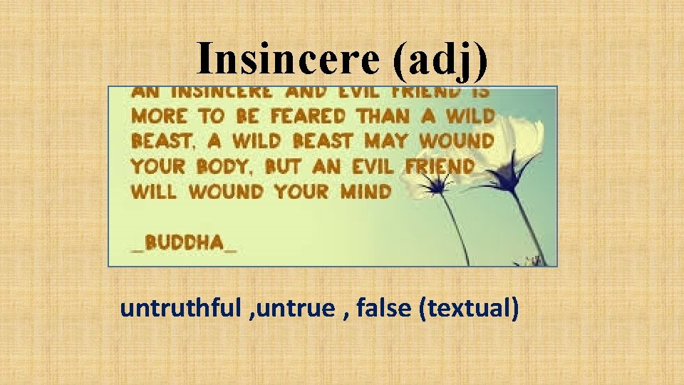Insincere (adj) untruthful , untrue , false (textual) 