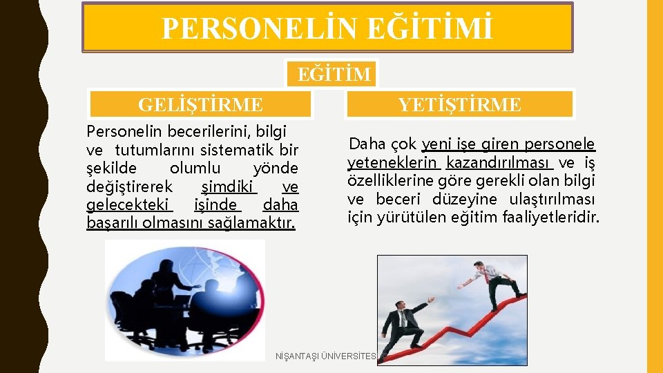 PERSONELİN EĞİTİMİ. EĞİTİM GELİŞTİRME YETİŞTİRME Personelin becerilerini, bilgi ve tutumlarını sistematik bir şekilde olumlu