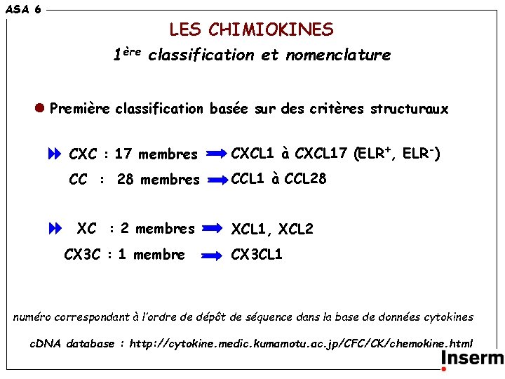 ASA 6 1ère LES CHIMIOKINES classification et nomenclature Première classification basée sur des critères