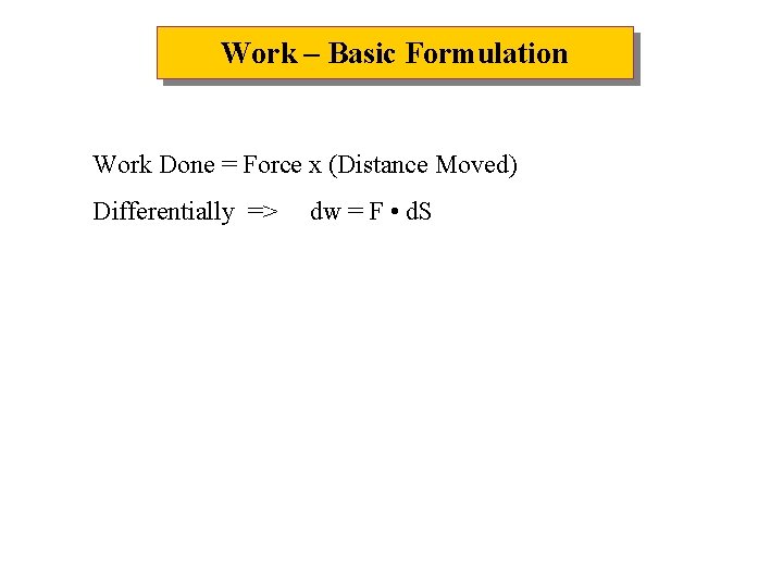 Work – Basic Formulation Work Done = Force x (Distance Moved) Differentially => dw Work – Basic Formulation Work Done = Force x (Distance Moved) Differentially => dw