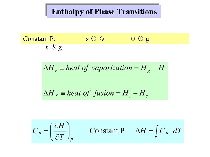 Enthalpy of Phase Transitions Constant P: s g Enthalpy of Phase Transitions Constant P: s g