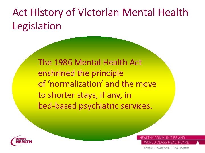 Act History of Victorian Mental Health Legislation The 1986 Mental Health Act enshrined the
