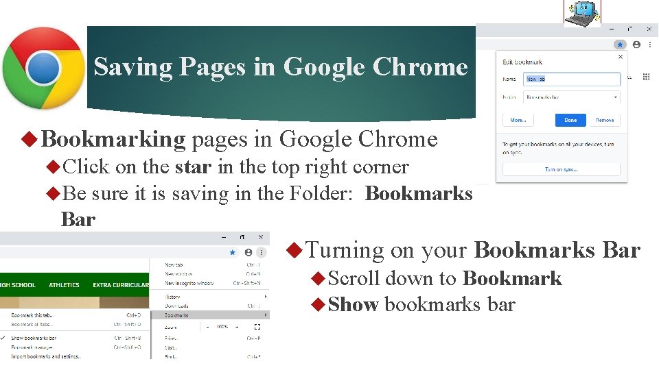 Saving Pages in Google Chrome Bookmarking pages in Google Chrome Click on the star