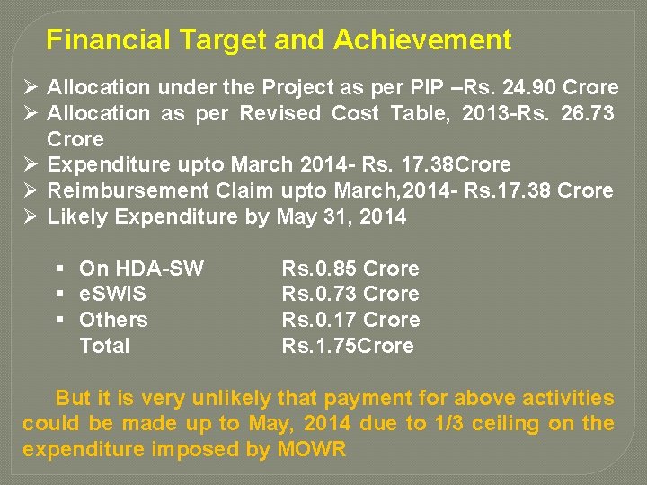 Financial Target and Achievement Ø Allocation under the Project as per PIP –Rs. 24.