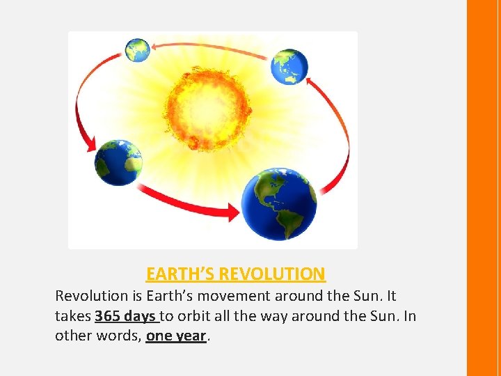 EARTH’S REVOLUTION Revolution is Earth’s movement around the Sun. It takes 365 days to