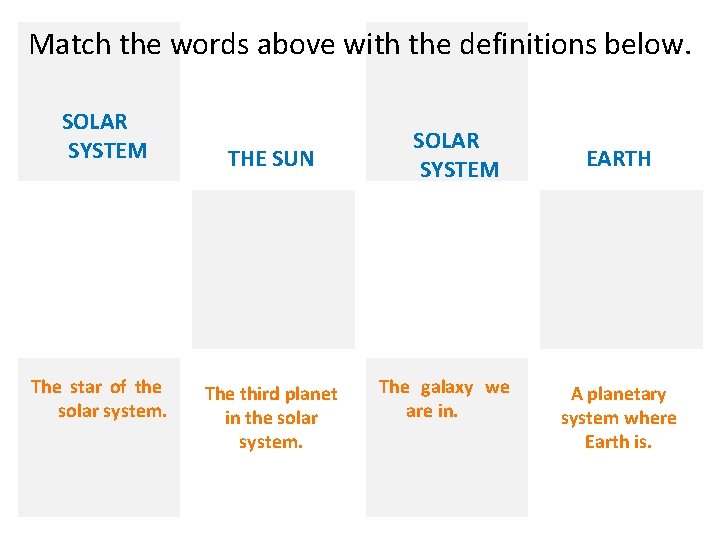 Match the words above with the definitions below. SOLAR SYSTEM The star of the