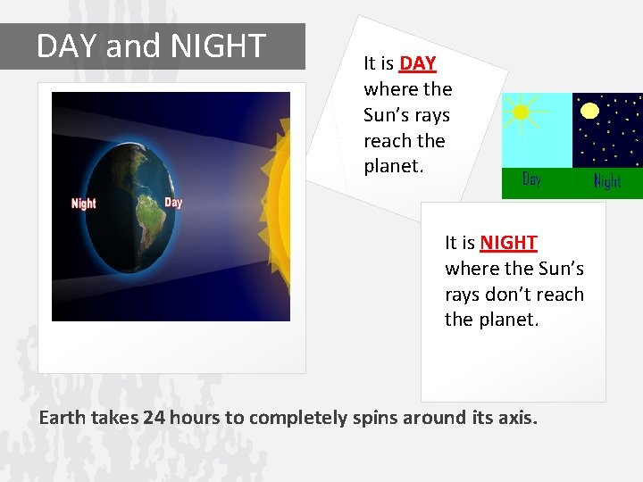 DAY and NIGHT It is DAY where the Sun’s rays reach the planet. It