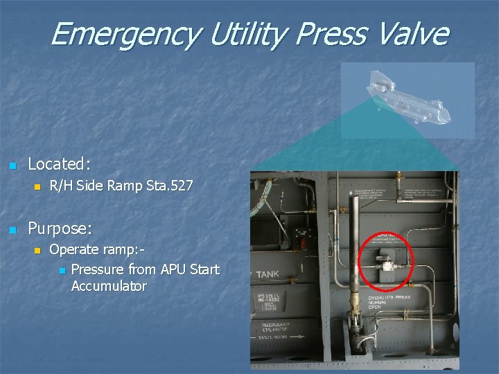 Emergency Utility Press Valve n Located: n n R/H Side Ramp Sta. 527 Purpose: