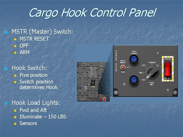 Cargo Hook Control Panel n MSTR (Master) Switch: n n Hook Switch: n n