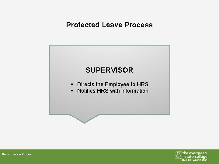 Protected Leave Process SUPERVISOR § Directs the Employee to HRS § Notifies HRS with