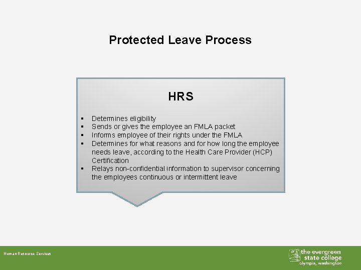 Protected Leave Process HRS § § § Human Resource Services Determines eligibility Sends or