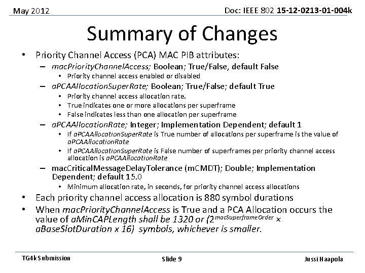 Doc: IEEE 802 15 -12 -0213 -01 -004 k May 2012 Summary of Changes