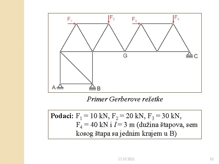 Primer Gerberove rešetke Podaci: F 1 = 10 k. N, F 2 = 20