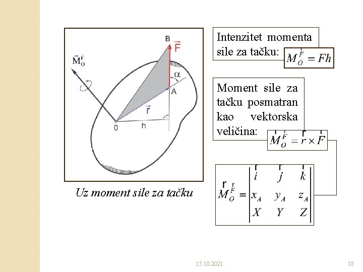 Intenzitet momenta sile za tačku: Moment sile za tačku posmatran kao vektorska veličina: Uz
