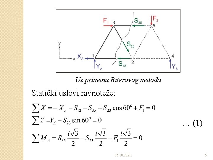 Uz primenu Riterovog metoda Statički uslovi ravnoteže: … (1) 15. 10. 2021. 6 