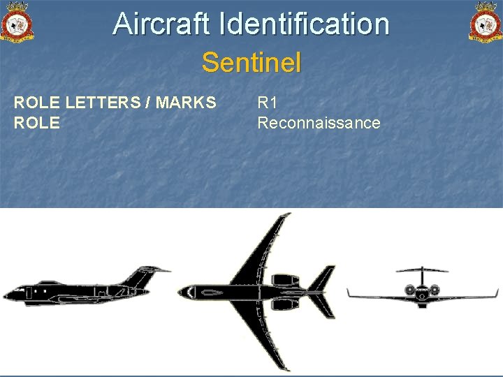 Aircraft Identification Sentinel ROLE LETTERS / MARKS ROLE R 1 Reconnaissance 