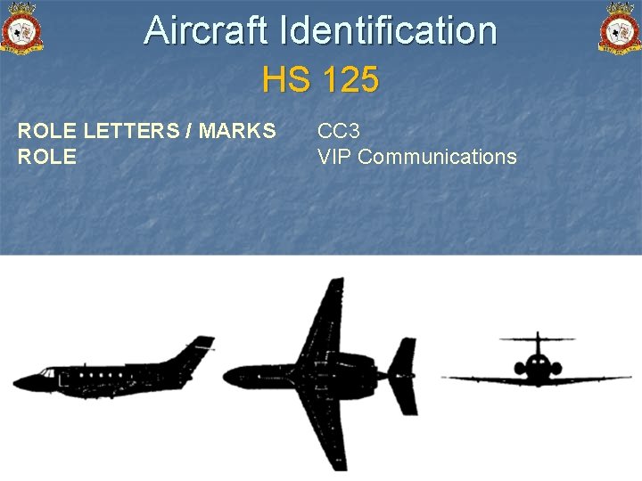 Aircraft Identification HS 125 ROLE LETTERS / MARKS ROLE CC 3 VIP Communications 