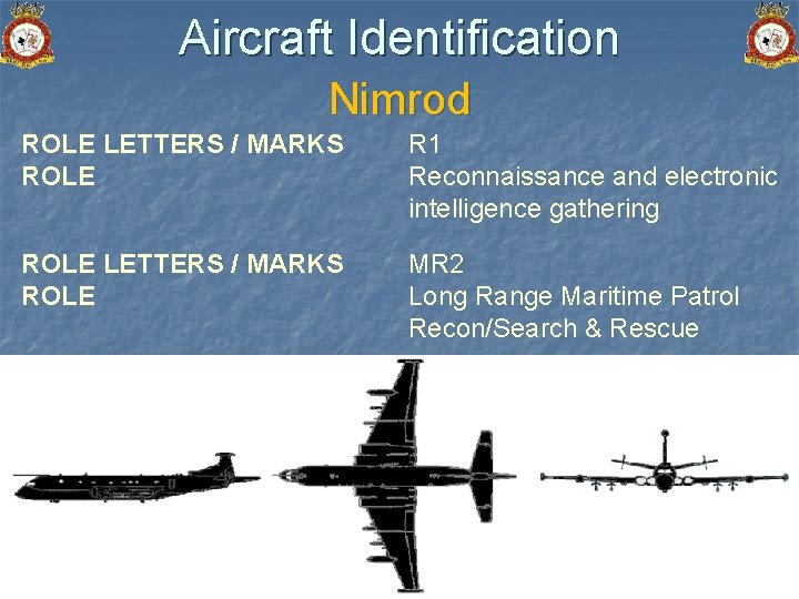 Aircraft Identification Nimrod ROLE LETTERS / MARKS ROLE R 1 Reconnaissance and electronic intelligence