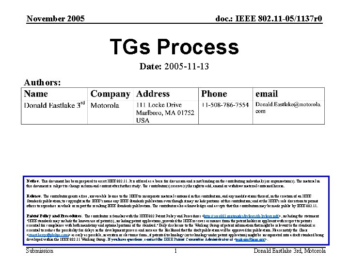 November 2005 doc. : IEEE 802. 11 -05/1137 r 0 TGs Process Date: 2005