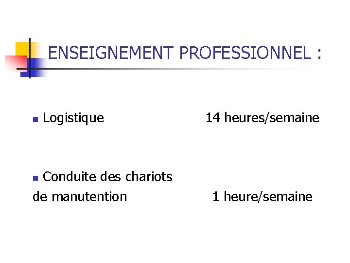 ENSEIGNEMENT PROFESSIONNEL : n Logistique Conduite des chariots de manutention 14 heures/semaine n 1