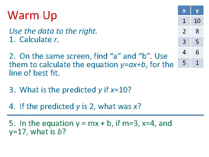 x y 1 10 Use the data to the right. 1. Calculate r. 2