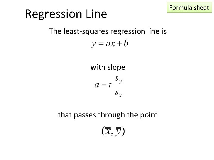 Regression Line The least-squares regression line is with slope that passes through the point