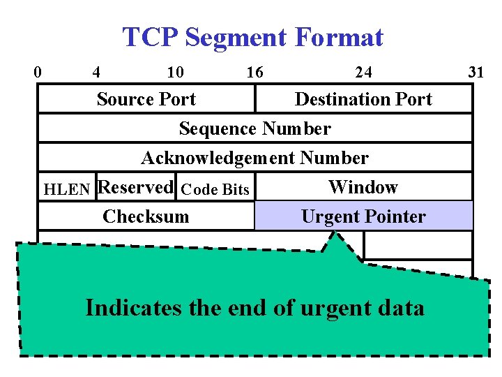 TCP Segment Format 0 4 10 Source Port 16 24 Destination Port Sequence Number