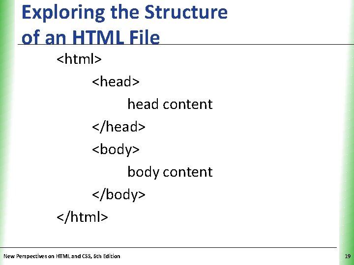 Exploring the Structure of an HTML File XP <html> <head> head content </head> <body>