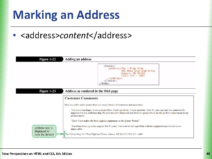 Marking an Address XP • <address>content</address> New Perspectives on HTML and CSS, 6 th