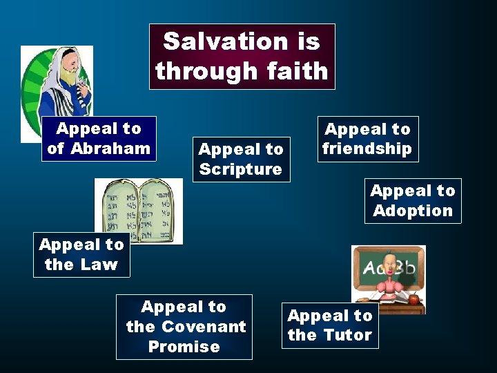 Salvation is through faith Appeal to of Abraham Appeal to Scripture Appeal to friendship