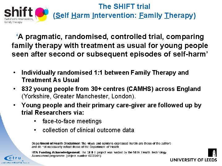 The SHIFT trial (Self Harm Intervention: Family Therapy) ‘A pragmatic, randomised, controlled trial, comparing The SHIFT trial (Self Harm Intervention: Family Therapy) ‘A pragmatic, randomised, controlled trial, comparing