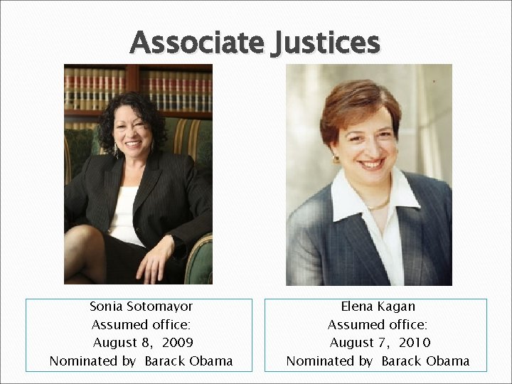 Associate Justices Sonia Sotomayor Assumed office: August 8, 2009 Nominated by Barack Obama Elena